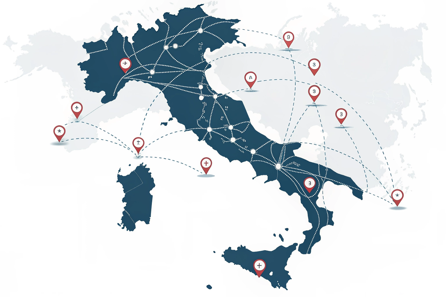Map of Italy with network nodes representing a national training network.